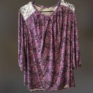 Cato 18/20 Purple Paisley Blouse with Lace Shoulder and Cowl Back Details